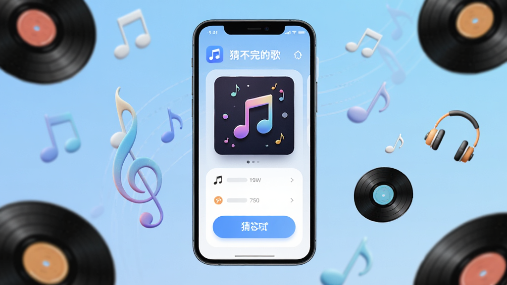 画面中央放置一部智能手机,屏幕显示猜不完的歌应用界面,界面中有音乐符号和猜歌按钮,背景是柔和的渐变蓝色,四周漂浮着黑胶唱片、音符和耳机图标,整体布局简洁明快,风格清新现代,细节上突出屏幕内歌曲封面和答题选项,画质高清,干净无多余元素。
