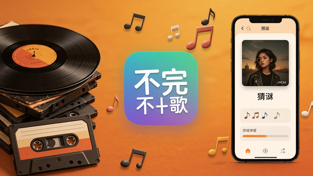 一张横向展开的音乐猜谜场景图,左侧是堆叠的黑胶唱片和磁带,中间是猜不完的歌软件标志,右侧是手机屏幕显示歌曲猜谜界面,背景是温暖的橙黄色调,布局均衡,风格复古与现代结合,细节上体现音符跳跃和答题进度条,画质清晰,干净整洁。