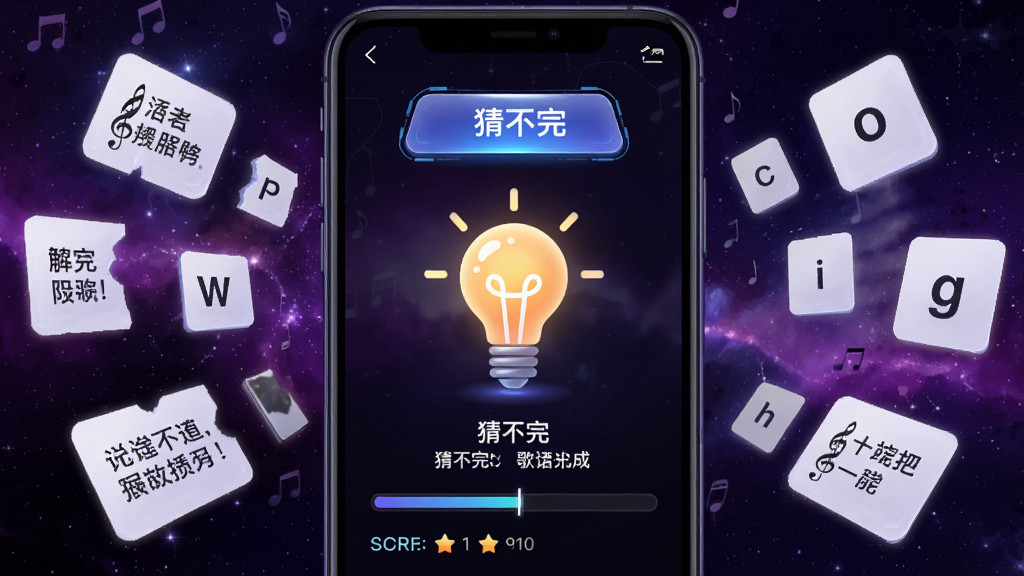 画面展示猜不完的歌应用内的提示功能界面,手机屏幕中央有一个发光的灯泡图标,周围环绕着歌词碎片和字母卡片,背景是深紫色星空,风格科技感十足,布局上突出提示按钮和歌曲信息,细节包括进度条和得分显示,画质高清,无杂乱元素。