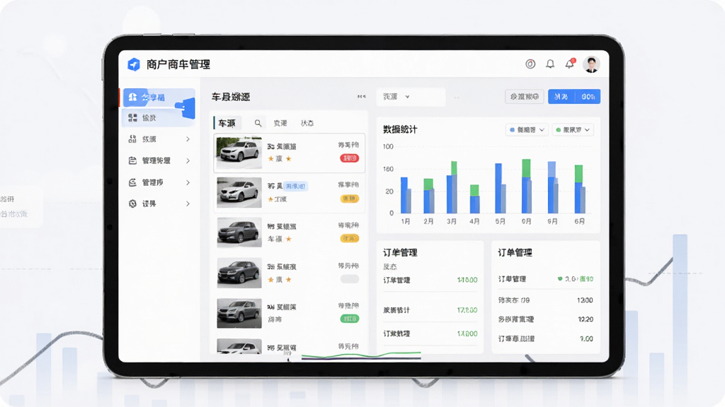 会享福二手车商户管理功能界面展示,主体为一部横向放置的平板设备,屏幕内显示商户后台管理页面,包含车源列表、数据统计图表和订单管理模块,布局采用左右分栏结构,左侧为功能导航栏,右侧为数据展示区,风格为简约商务风,细节包括柱状图、车辆缩略图、状态标签,画质高清,干净整洁,无多余装饰