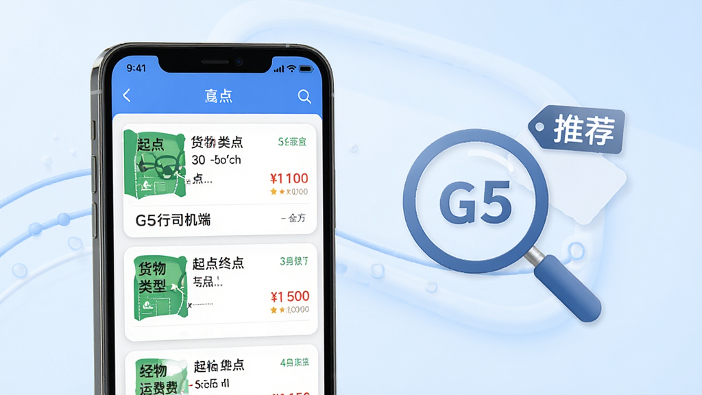 G5行司机端智能货源匹配功能展示,画面中一部手机屏幕显示货源列表界面,每条货源信息以卡片形式呈现,包含起点终点、货物类型、运费价格等关键信息,手机旁边搭配放大镜图标和推荐标签,背景为淡蓝色渐变,整体风格简洁明快,突出智能推荐与高效匹配的产品特点,高清画质,画面干净无杂乱元素