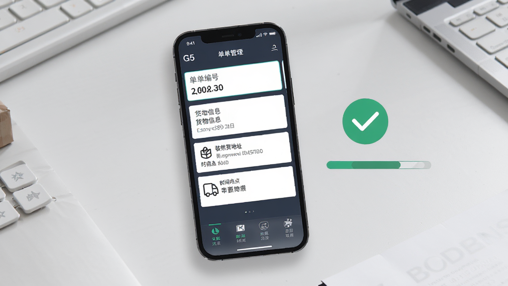 G5行司机端运单管理界面展示,画面中央一部手机展示运单详情页面,包含运单编号、货物信息、装卸货地址、时间节点等模块,手机屏幕旁边有对勾图标和进度条元素,背景为浅灰色商务风格,整体色调沉稳专业,突出运单管理的规范性与可靠性,高清画质,干净整洁