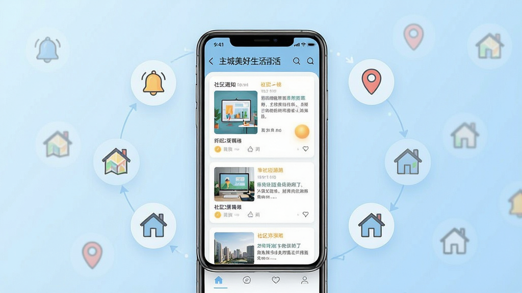 一张手机应用界面展示图,画面中央是一部智能手机,屏幕上显示主城美好生活的资讯列表页面,页面中包含多条图文并茂的社区通知卡片。手机周围点缀着简约的图标元素,如铃铛、地图标记、房屋等,象征信息推送与社区服务。背景为浅蓝色渐变,整体风格清爽简洁,采用现代UI设计风格,细节精致,画质清晰,无多余装饰。