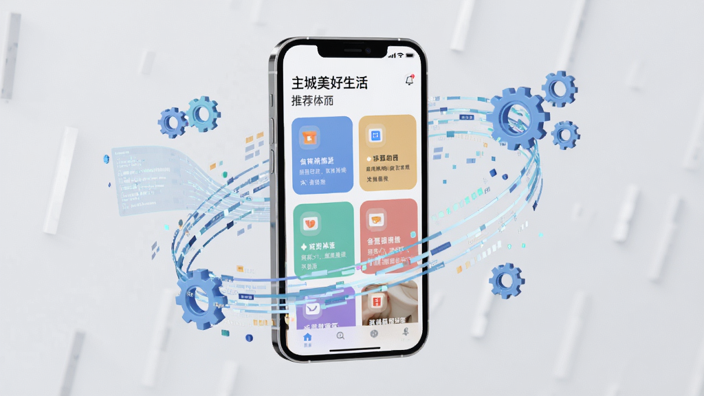 一张展示个性化推荐功能的手机界面图,画面中手机屏幕显示主城美好生活的推荐页面,页面中呈现不同类别的信息卡片,卡片上有标签和图标。手机周围环绕着数据流线条与齿轮图标,象征智能推荐与算法匹配。背景为浅灰色,整体风格科技感与生活感兼具,采用现代UI风格,画质清晰,无多余元素。