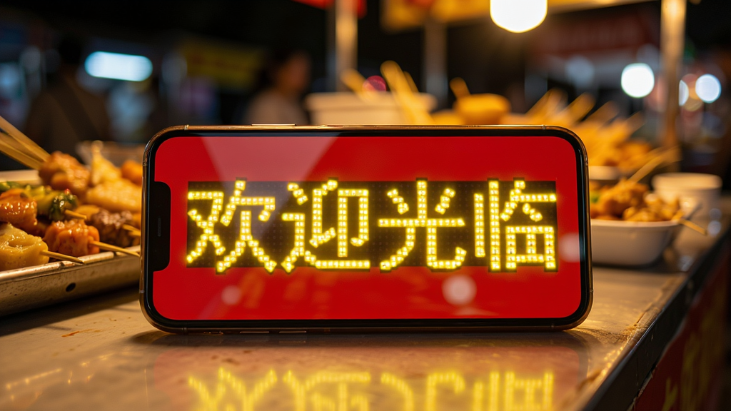 一部手机横屏展示全屏红色背景黄色LED滚动字幕