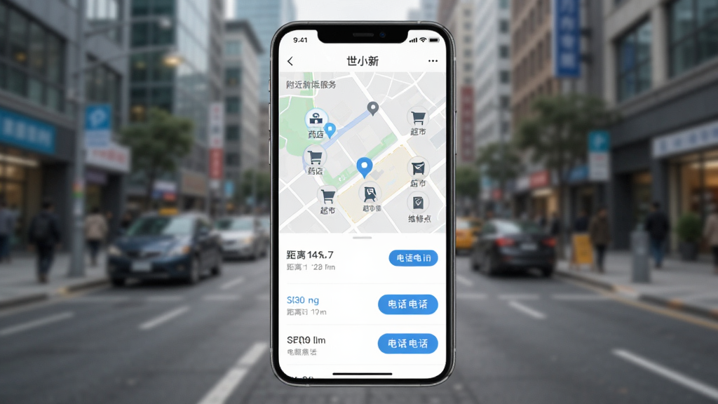 手机屏幕显示“世小新”附近服务页面,地图上标注了药店、超市、维修点等图标,下方列表显示距离和电话按钮。背景为城市街道虚化图,风格清爽现代,画质清晰,干净,无多余元素。