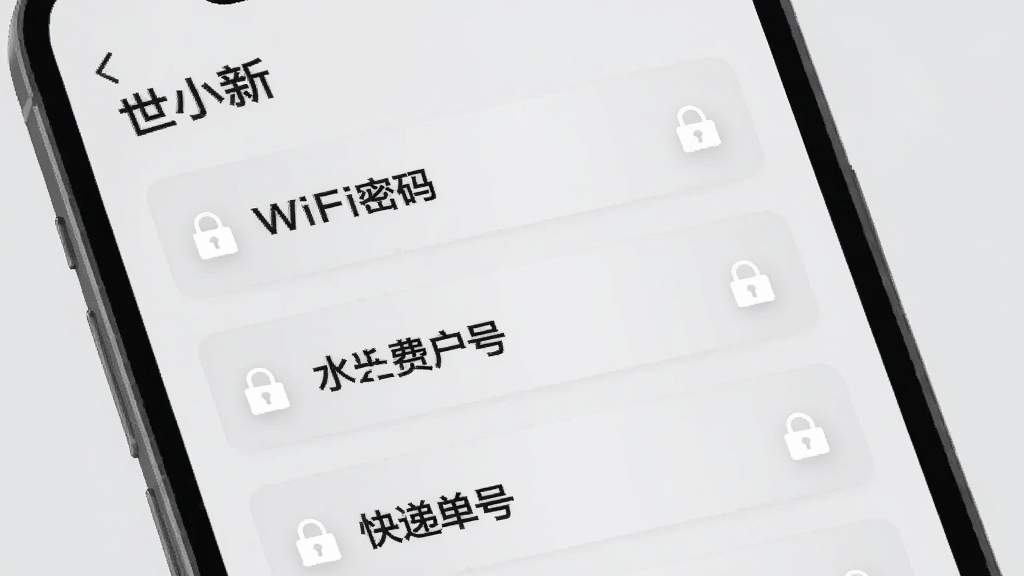 手机屏幕显示“世小新”信息卡片列表,卡片上写有“WiFi密码”“水费户号”“快递单号”等字样,每张卡片带有小锁图标。背景为浅灰色,风格商务简约,画质清晰,干净,无多余元素。