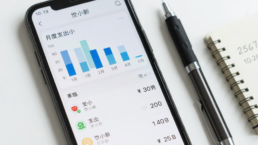 手机屏幕特写,屏幕中显示“世小新”记账页面,上方是月度支出条形图,下方是几笔带分类图标的支出记录。背景为纯白色桌面,旁边放着一支笔和一本小本子。风格写实简约,画质清晰,干净,无多余元素。