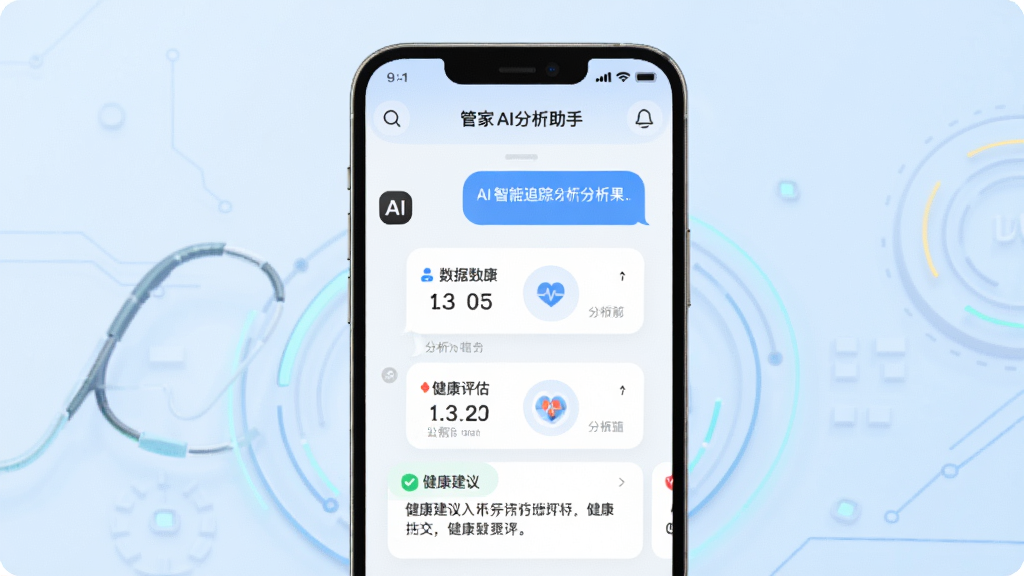 健康追踪管家AI分析助手界面,手机屏幕显示AI对话气泡和健康评估报告卡片,背景为科技感淡蓝色,主体为分析结果展示区,布局上下结构,风格为智能助手对话式UI,细节包括AI图标、数据摘要和健康建议文字,画质高清,干净,无多余元素