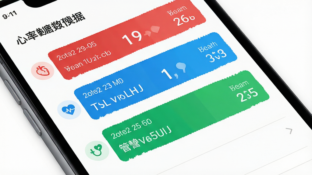 健康追踪管家血压血糖心率数据记录界面,手机屏幕显示多条彩色健康数据条目,每条带有时间戳和数值标签,背景为纯净白色,主体突出,布局纵向列表式排版,风格清爽简约,细节包含红蓝绿三色数据标识和小图标,画质高清,干净,无多余元素
