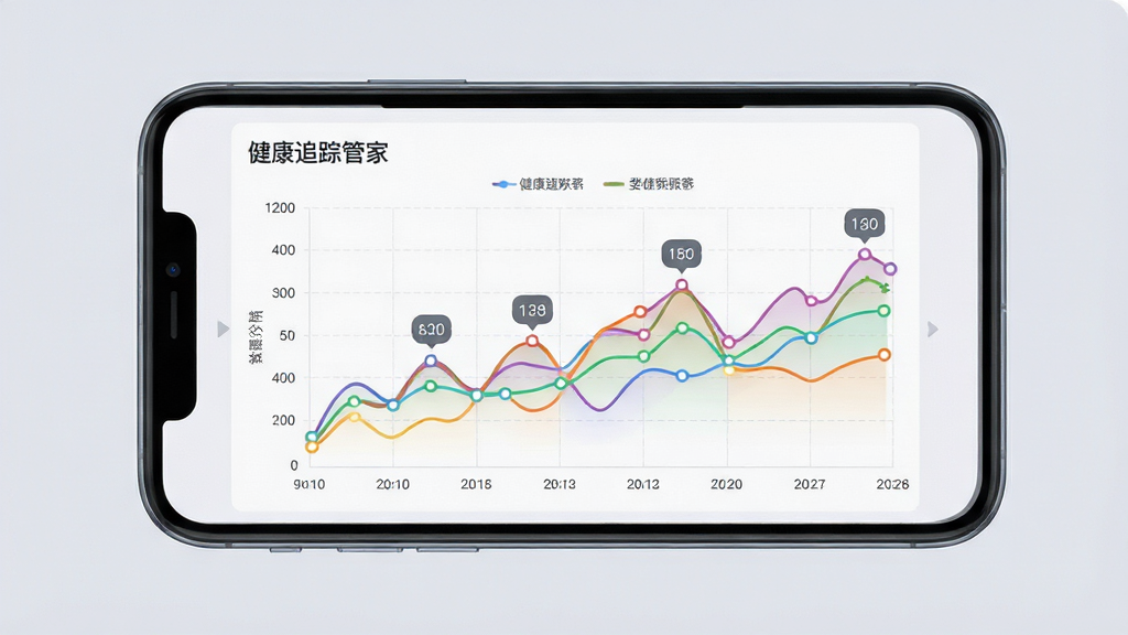 健康追踪管家趋势图表分析页面,手机屏幕展示彩色折线图和多组数据点,横轴为日期纵轴为数值,背景为柔和浅灰色,主体为图表区域,布局居中,风格为数据可视化仪表盘风格,细节包括图例标注、网格线和数值气泡,画质高清,干净,无多余元素