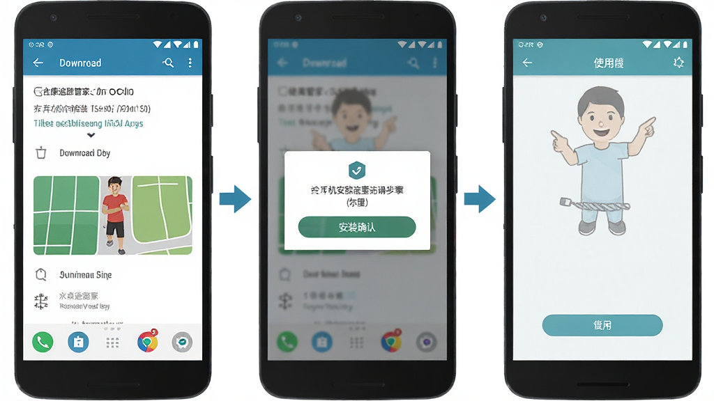 健康追踪管家安卓手机安装步骤示意图,画面展示三部手机并排,分别显示下载页面、安装确认弹窗和使用界面,背景为纯白,主体为手机屏幕内容,布局横向排列,风格为教程图解式扁平设计,细节包括箭头指示和步骤编号,画质高清,干净,无多余元素