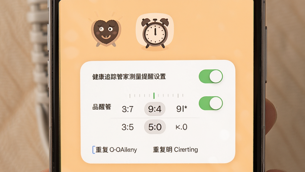 健康追踪管家测量提醒设置界面,手机屏幕显示闹钟图标和时间选择器,背景为温暖浅橙色,主体为提醒设置卡片,布局居中,风格为友好亲切的移动端UI,细节包括开关按钮、时间刻度和重复周期选项,画质高清,干净,无多余元素