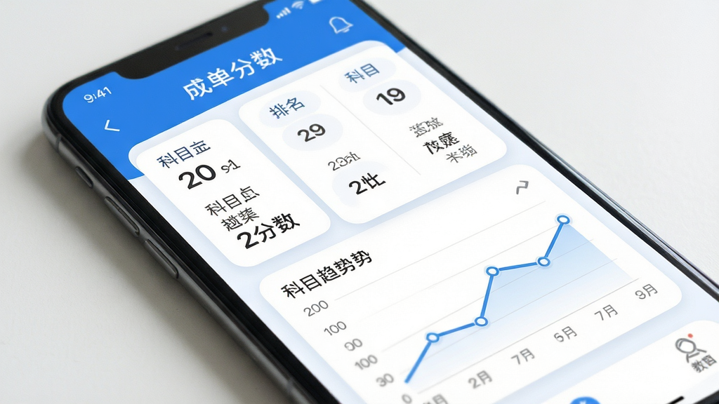 智能手机界面展示学生成绩查询页面,主体为成绩单列表与趋势折线图,布局采用上下分层结构,排版清晰展示分数、排名与科目名称,风格为清爽教育类App界面,细节包含蓝白配色、圆角卡片、数据图表,画质高清干净无多余元素