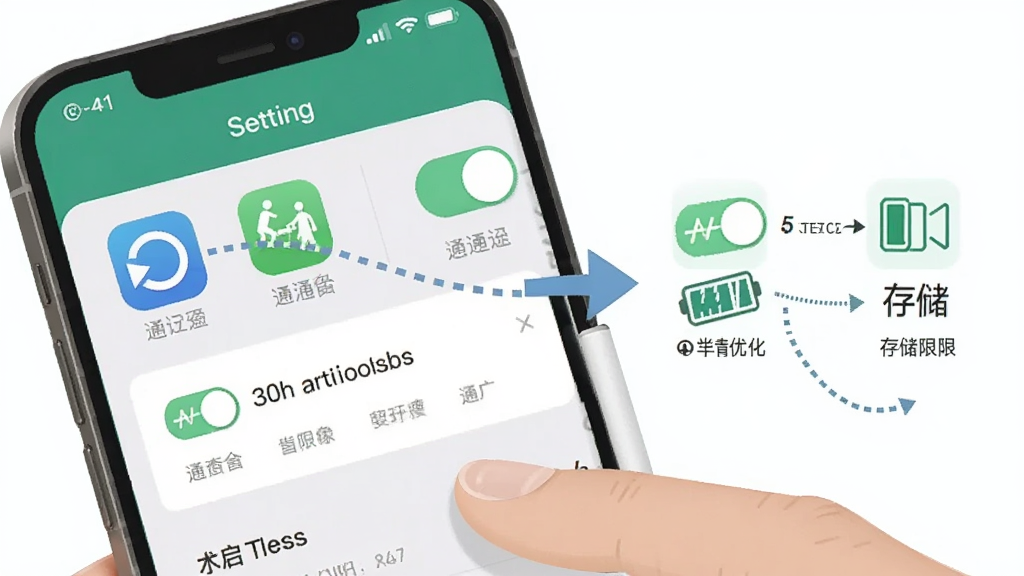 家长在手机上操作家校应用并检查通知权限设置的场景,主体为手机设置界面与应用图标,布局采用手机特写加步骤箭头,排版展示权限开启流程,风格为简洁教程插画,细节包含通知开关、电池优化、存储权限图标,画质清晰干净无多余元素