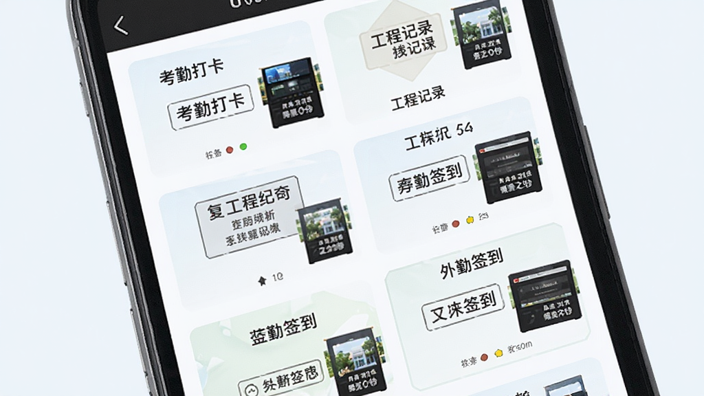 水印相机打卡定位软件水印模板选择界面,主体为手机屏幕展示多个水印模板缩略图,布局为网格排列,风格清新浅色,细节包括考勤打卡、工程记录、外勤签到等模板名称和预览小图,画质干净,无多余元素