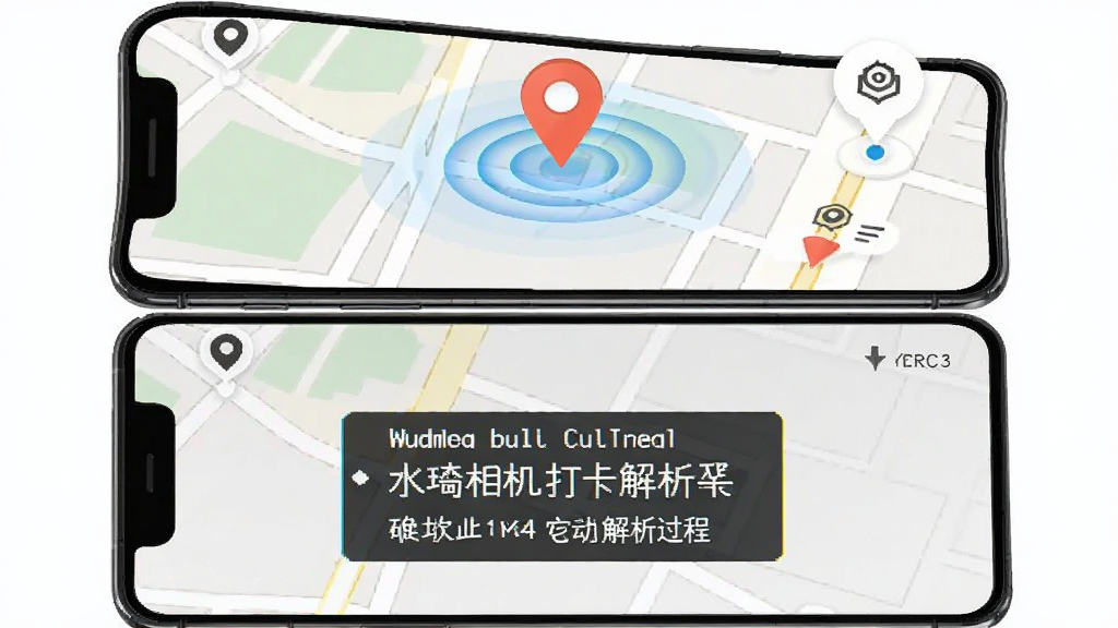 水印相机打卡定位软件自动定位功能示意图,主体为手机屏幕显示地图定位图标与地址解析过程,布局采用上下结构,上方是定位中的动态效果,下方是解析完成的详细地址水印预览,风格科技简约,细节包括定位波纹和地址文字,画质清晰,干净无多余元素