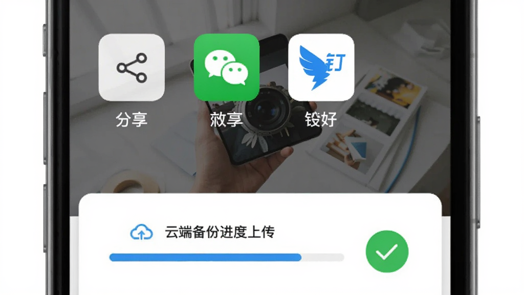 水印相机打卡定位软件分享与备份功能示意图,主体为手机屏幕展示照片分享菜单和云端备份进度,布局为上下结构,上方是分享到微信钉钉的图标,下方是云端上传进度条,风格现代简约,细节包括分享图标和备份完成对勾,画质干净,无多余元素