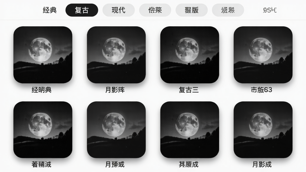 月影黑白预设滤镜库界面,画面以网格形式展示多个黑白滤镜缩略图,每个缩略图下方有滤镜名称标签,界面顶部有分类选项卡如经典、复古、现代等,风格为整洁的移动应用界面,细节包括圆角缩略图和阴影效果,画质高清,干净,无多余元素