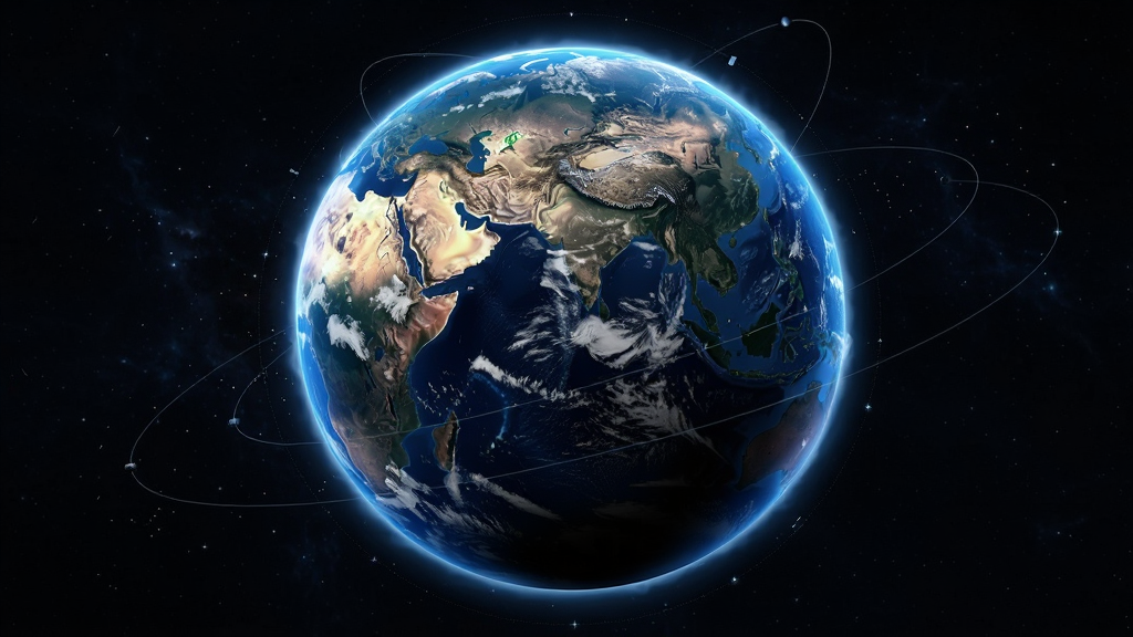 元地球Earth三维地球模型悬浮于深邃宇宙背景中,主体为高精度蓝色星球,表面清晰可见大陆轮廓与云层纹理,布局采用居中构图,星球占据画面三分之二区域,周围环绕细微的星光粒子,风格为写实科幻与地理科普结合,细节包括大气层辉光、地形起伏阴影、卫星轨道线,排版简洁无文字,画质为8K超高清,干净无多余元素