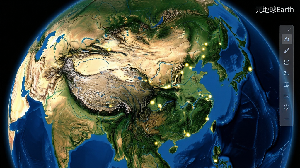 元地球Earth软件界面中显示三维地球被放大至亚洲区域,主体为清晰的中国地形图,布局为全屏地球视角,风格为科技感UI与地理信息可视化结合,细节包括山脉阴影、河流走向、城市光点标注,排版中有半透明工具栏悬浮于右侧,画质为4K超清,干净无多余元素,画面中带有文字“元地球Earth”
