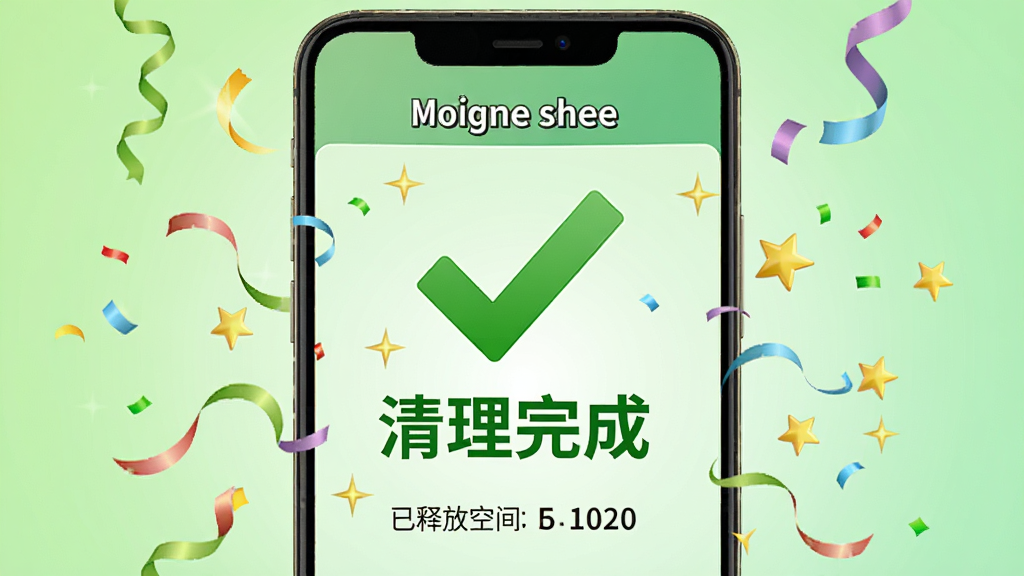 一部安卓手机屏幕显示“垃圾超全清理”一键清理完成界面,屏幕中央有一个巨大的绿色对勾和“清理完成”字样,下方显示已释放空间数值,周围有庆祝彩带和闪亮星星,背景为浅绿色渐变,风格欢快清新,细节清晰,画质干净,无多余元素,排版突出清理成果。