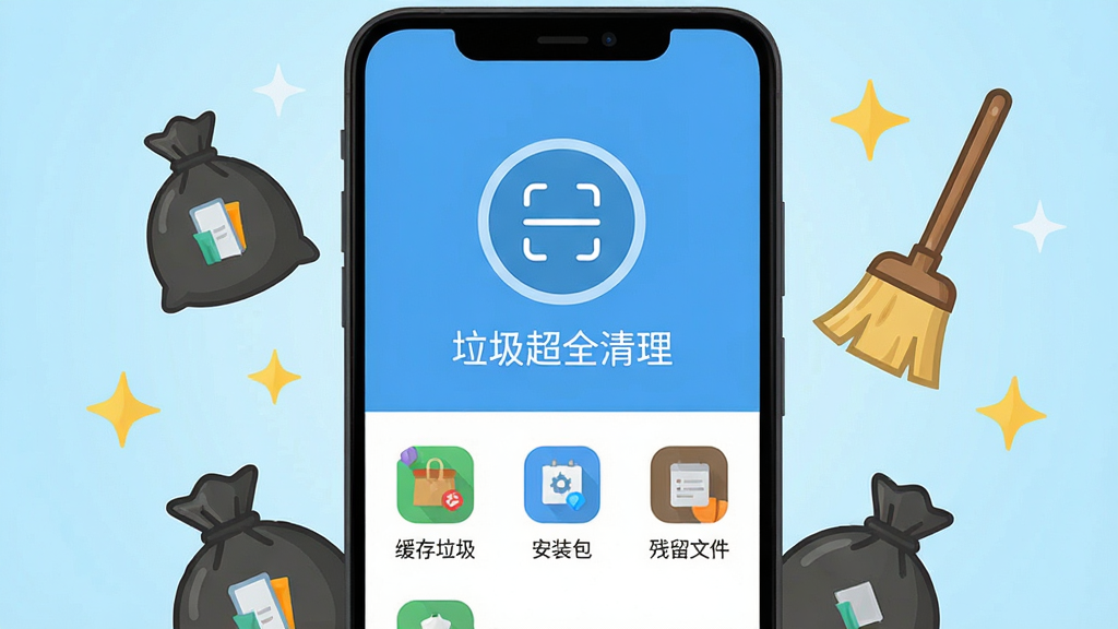 一部安卓手机屏幕中央显示“垃圾超全清理”软件主界面,界面布局简洁,上方有圆形扫描按钮,下方列出缓存垃圾、安装包、残留文件等分类图标,手机周围环绕着卡通风格的垃圾袋、扫帚和闪亮星星,背景为浅蓝色渐变,风格清新扁平化,细节清晰,画质干净,无多余元素,整体排版居中,主体突出,适合作为软件下载页头图。