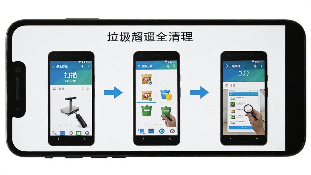 一部安卓手机屏幕显示“垃圾超全清理”使用教程界面,屏幕上有分步骤的操作指引图示,包括点击扫描、选择分类、一键清理三个步骤,每一步配有手机操作截图和箭头指示,背景为白色简洁风格,细节清晰,画质干净,无多余元素,排版清晰易读。