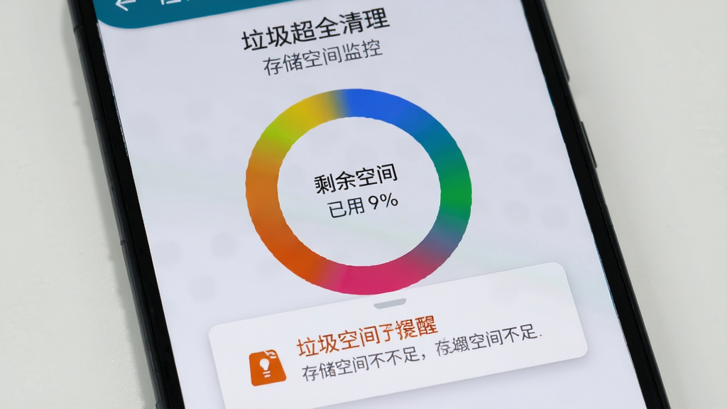 一部安卓手机屏幕显示“垃圾超全清理”存储空间监控界面,屏幕中央有一个彩色环形图表展示已用和剩余空间比例,下方有存储空间不足提醒弹窗,背景为浅灰色极简风格,细节清晰,画质干净,无多余元素,排版突出数据可视化。