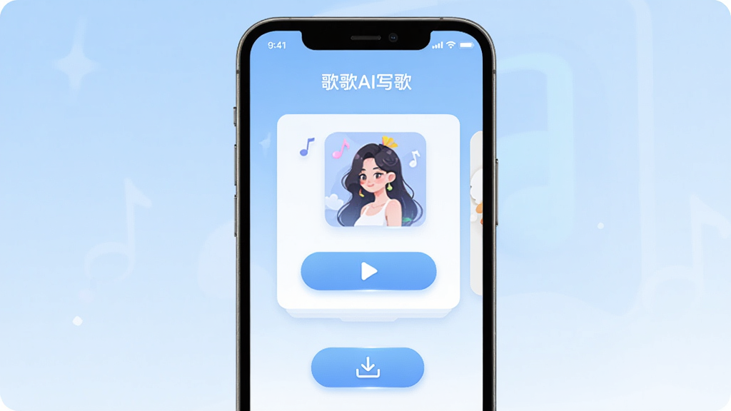 ����չʾһ���ֻ���Ļ��ʾ�����AIд�衱�����ҳ�棬ҳ��������һ�����ɺõĸ�����Ƭ�벥�Ű�ť���ֻ��·������ذ�ťͼ�꣬������ǳ��ɫ���䣬����Ϊ���й�ͼ�����Ϊ��ƽ��UI�廭��ϸ���ϰ�ť����΢�⣬�����������ɾ����޶���Ԫ��