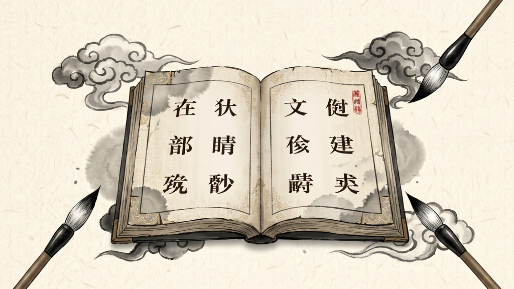 点睛成语应用主界面展示,画面中央是一本翻开的古风书籍,书页上浮现出多个成语词组,周围环绕着水墨风格的祥云与毛笔元素,背景为淡雅的米黄色宣纸纹理,布局采用中心对称式构图,风格为国风插画,细节包括书页边缘的细腻纹理和淡墨晕染效果,画质清晰干净,无多余元素