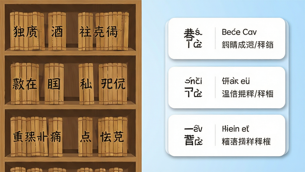 点睛成语海量词库界面,画面左侧是一排整齐的书架,书架上摆放着标注不同类别的竹简卷轴,右侧是展开的成语卡片列表,卡片上清晰展示成语、拼音和释义摘要,背景为淡蓝色渐变,布局为左右分栏式,风格为扁平化设计,细节包括卡片圆角与阴影效果,画质清晰干净,无多余元素