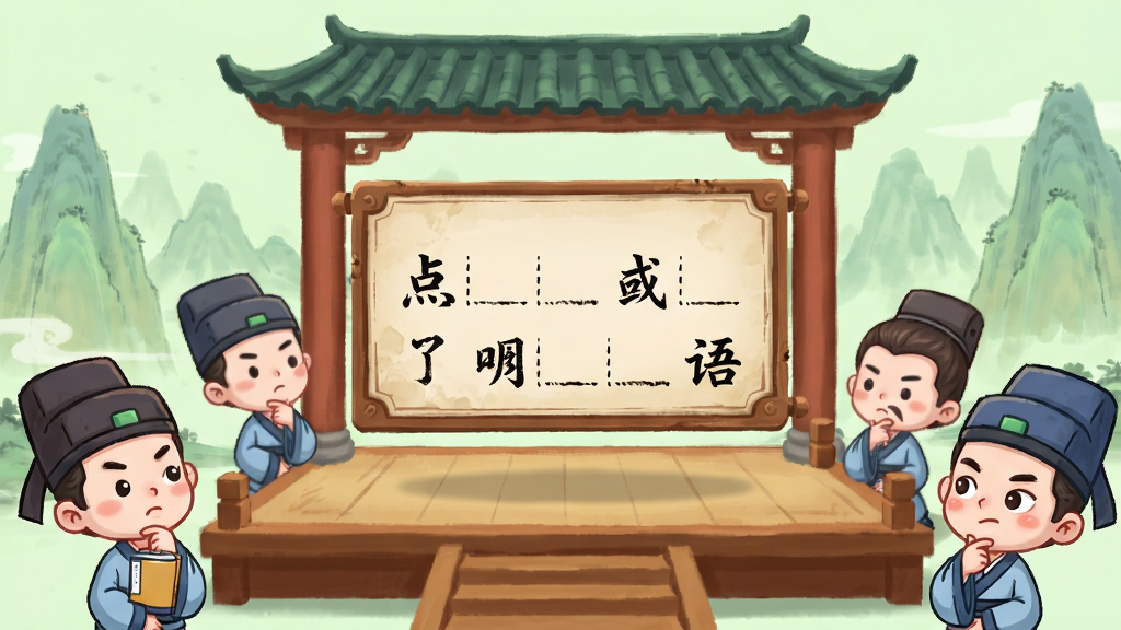 点睛成语趣味闯关界面,画面中央是一个古风擂台场景,擂台上漂浮着带有成语填空的答题板,周围有卡通风格的书生角色正在思考,背景是淡绿色的山水画卷,布局为居中构图,风格为Q版国风,细节包括答题板上的毛笔字迹和角色表情,画质清晰干净,无多余元素