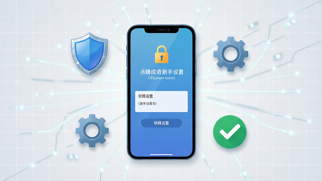 点睛成语新手操作引导页面,画面中央展示一部智能手机屏幕,屏幕上显示安装向导与权限设置界面,手机周围环绕着盾牌、齿轮和勾选标记等安全图标,背景为浅灰色科技感网格,布局为居中放射式,风格为扁平化科技风,细节包括图标的高光与阴影效果,画质清晰干净,无多余元素