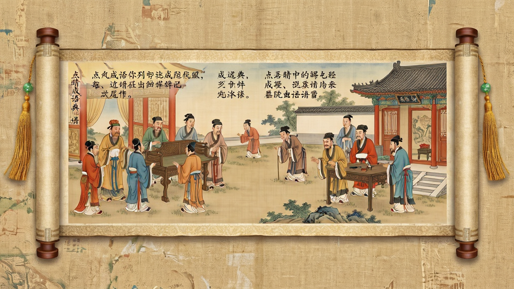 点睛成语典故详解页面,画面中央展开一幅历史故事长卷,画卷上描绘古代人物场景并配有成语典故文字说明,四周点缀卷轴轴头与流苏,背景为仿古绢帛质感,布局为横向展开式,风格为工笔重彩国画,细节包括人物服饰纹理和场景建筑细节,画质清晰干净,无多余元素