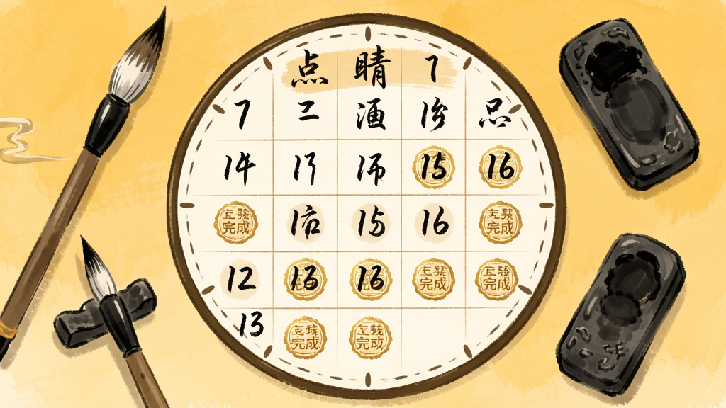 点睛成语每日打卡界面,画面中央是一个圆形的日历表盘,表盘上标记着已完成打卡的日期并带有金色印章图案,周围环绕着毛笔和墨锭元素,背景为暖黄色调,布局为居中环绕式,风格为清新手绘风,细节包括日历数字的书法字体和印章的纹理,画质清晰干净,无多余元素