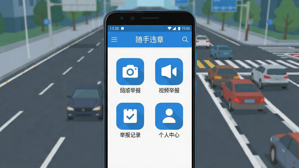 随手拍违章软件主界面展示,画面中央放置一部安卓手机,手机屏幕显示随手拍违章应用首页,首页包含拍照举报、视频举报、举报记录、个人中心四个功能图标,背景为城市道路与交通标线,布局采用居中构图,风格为扁平化科技风,细节包含蓝色主题色、圆角图标、清晰文字标签,画质高清,画面干净,无多余元素