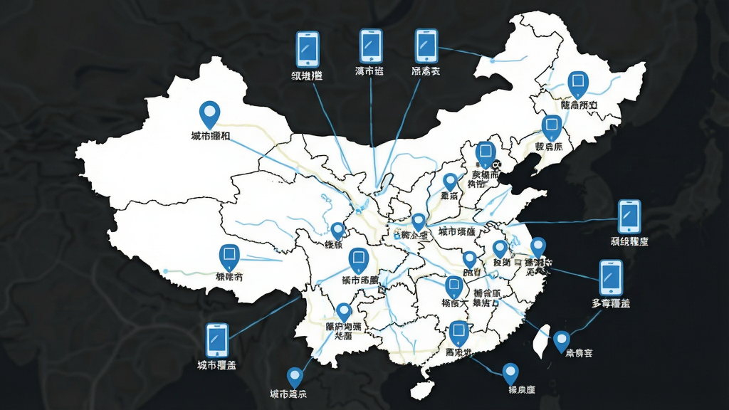 随手拍违章多城市覆盖展示,画面为中国地图轮廓,地图上标注多个城市节点,每个节点连接手机图标,布局为中心辐射式构图,风格为扁平化信息图,细节包含蓝色城市标记、连接线、手机图标、城市名称标签,画质高清,画面干净,无多余元素