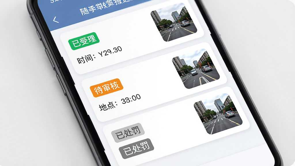 随手拍违章举报进度追踪界面,画面为手机屏幕展示举报记录列表,每条记录包含状态标签、时间、地点缩略图,布局为卡片式列表,风格为简约商务风,细节包含绿色已受理标签、橙色待审核标签、灰色已处罚标签,画质高清,画面干净,无多余元素