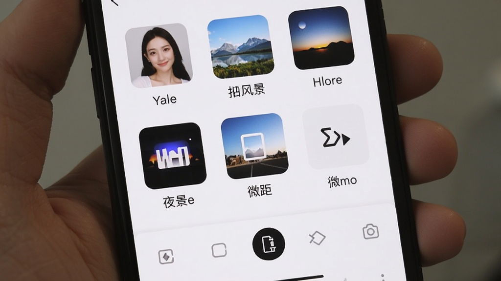 AZcam多场景拍摄模式界面,手机屏幕显示人像、风景、夜景、微距等模式图标,每个图标有对应的场景小图,界面底部有模式切换栏,整体风格清新直观,画质干净,无杂乱背景。