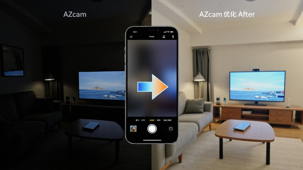 AZcam智能画质增强功能展示,画面分为左右两半,左侧是普通手机拍摄的昏暗室内照片,右侧是经过AZcam优化后的明亮清晰照片,中间有对比箭头,手机屏幕悬浮在画面中央,整体风格科技感十足,画质清晰,干净无杂乱元素。