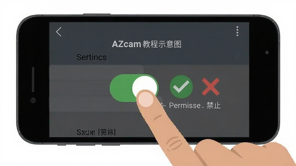 AZcam使用教程示意图,手机屏幕显示设置界面,手指正点击权限开关,旁边有对勾和叉号图标表示允许与禁止,背景简洁,风格扁平化,画质清晰,无多余元素。