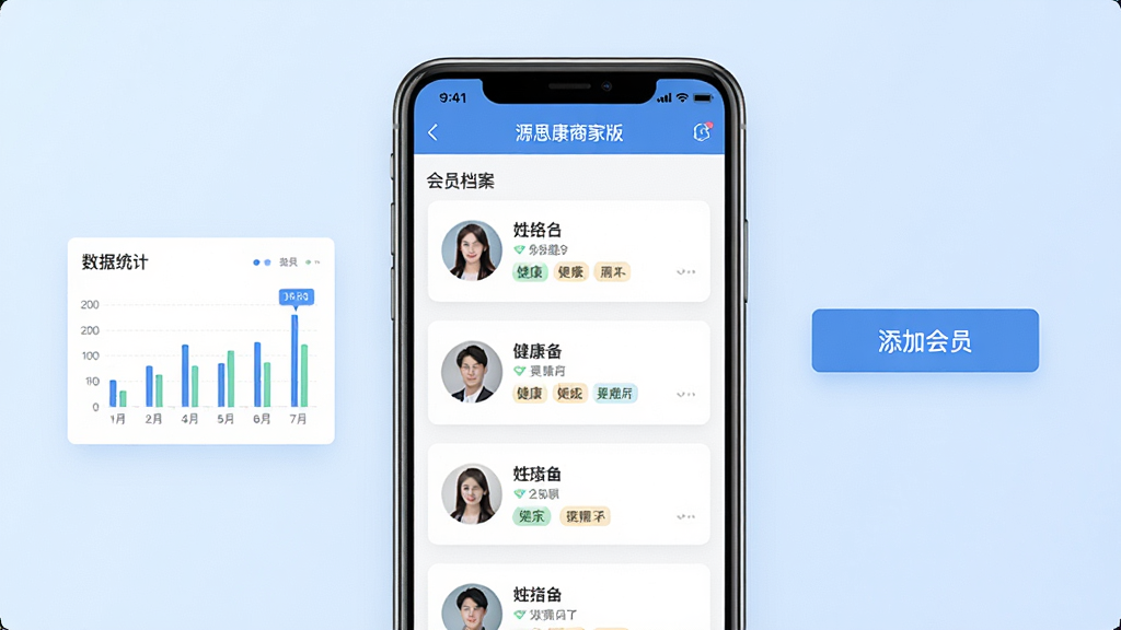 一张展示会员管理功能的界面示意图,画面中心是一部手机屏幕,屏幕上显示