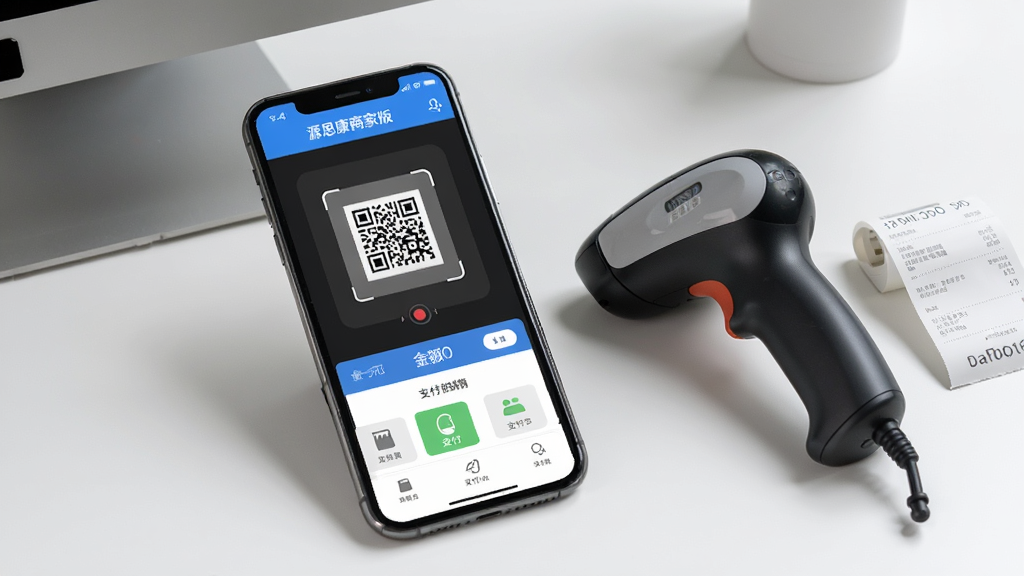 一张展示移动收银与订单核销功能的场景图,手机屏幕显示