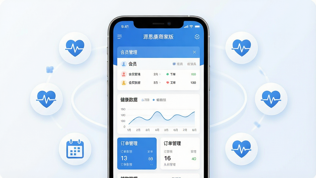 一张展示健康管理类手机应用界面的场景图,画面中央是一部竖屏智能手机,手机屏幕显示
