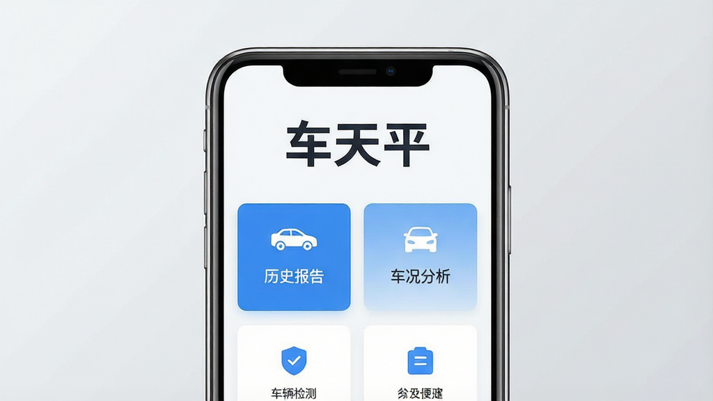 一张展示车天平软件主界面的手机应用预览图,画面中央是一部竖屏智能手机,屏幕内呈现车天平APP的首页布局,顶部有“车天平”三个大字的品牌标识,下方排列车辆检测、历史报告、车况分析等功能卡片,卡片采用蓝白配色,界面干净简洁,背景为浅灰色渐变,整体风格为现代科技感UI设计,细节清晰,画质干净,无多余元素