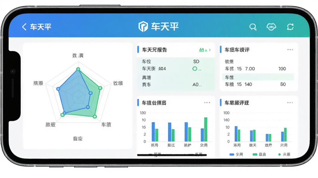 车天平软件车况报告页面示意图,画面中央一部手机横屏展示,屏幕内是车天平APP的车况评分报告界面,包含雷达图、柱状图和“车天平”品牌标识,报告以蓝色和绿色为主色调,数据卡片排列整齐,背景为纯白色,风格为扁平化数据可视化设计,画面干净整洁,细节清晰,无多余元素