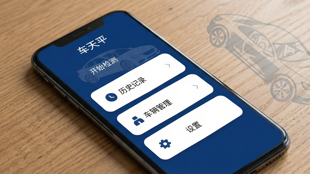 车天平软件功能模块展示图,画面中一部手机斜放在木质桌面上,屏幕显示车天平APP的功能菜单界面,菜单项包括“开始检测”“历史记录”“车辆管理”“设置”等,界面采用圆角卡片设计,配色为深蓝与白色,背景有淡淡的汽车轮廓水印,整体风格简洁商务,画质清晰,无杂乱元素