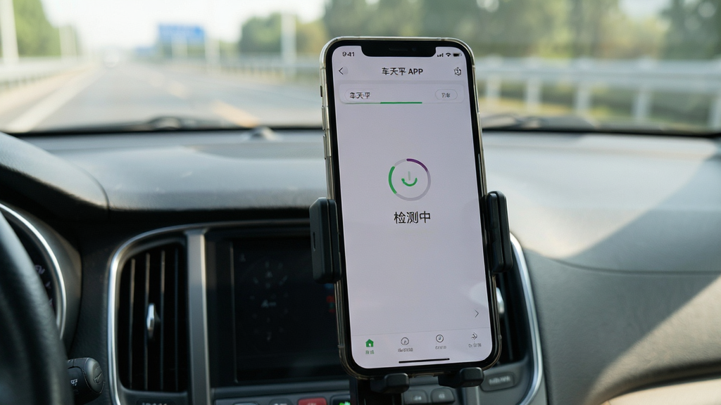 车天平软件检测过程示意图,画面中一部手机固定在汽车中控台支架上,屏幕显示车天平APP正在检测的进度界面,有旋转的加载图标和“检测中”文字标识,车窗外是模糊的道路背景,整体风格为真实场景摄影感,光线自然,画质清晰,无多余装饰元素