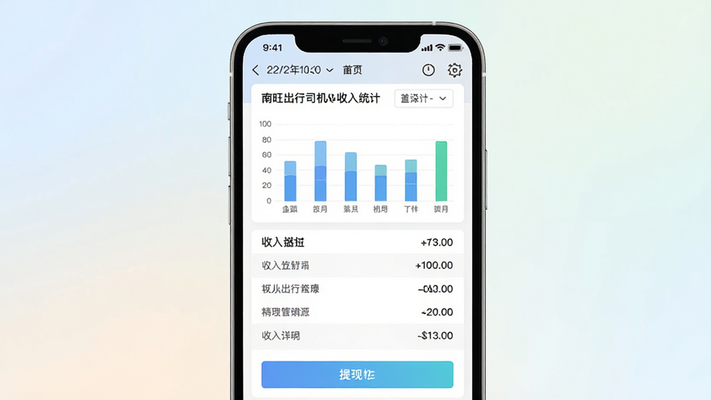 南旺出行司机端收入统计页面展示,画面中央为手机屏幕,屏幕显示柱状图与收入明细列表,背景为柔和的浅色渐变,布局采用上下结构,风格清新商务,细节包含日期筛选、金额数字、提现按钮等元素,画质高清,干净,无多余元素